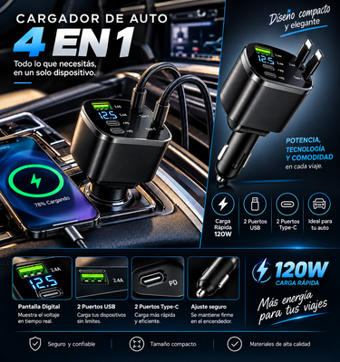 ⚡ Cargador de Auto 4 en 1 — Potencia y comodidad en cada viaje