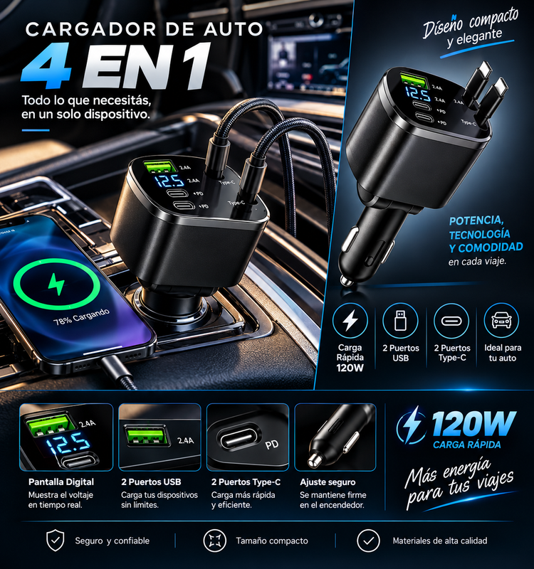 ⚡ Cargador de Auto 4 en 1 — Potencia y comodidad en cada viaje